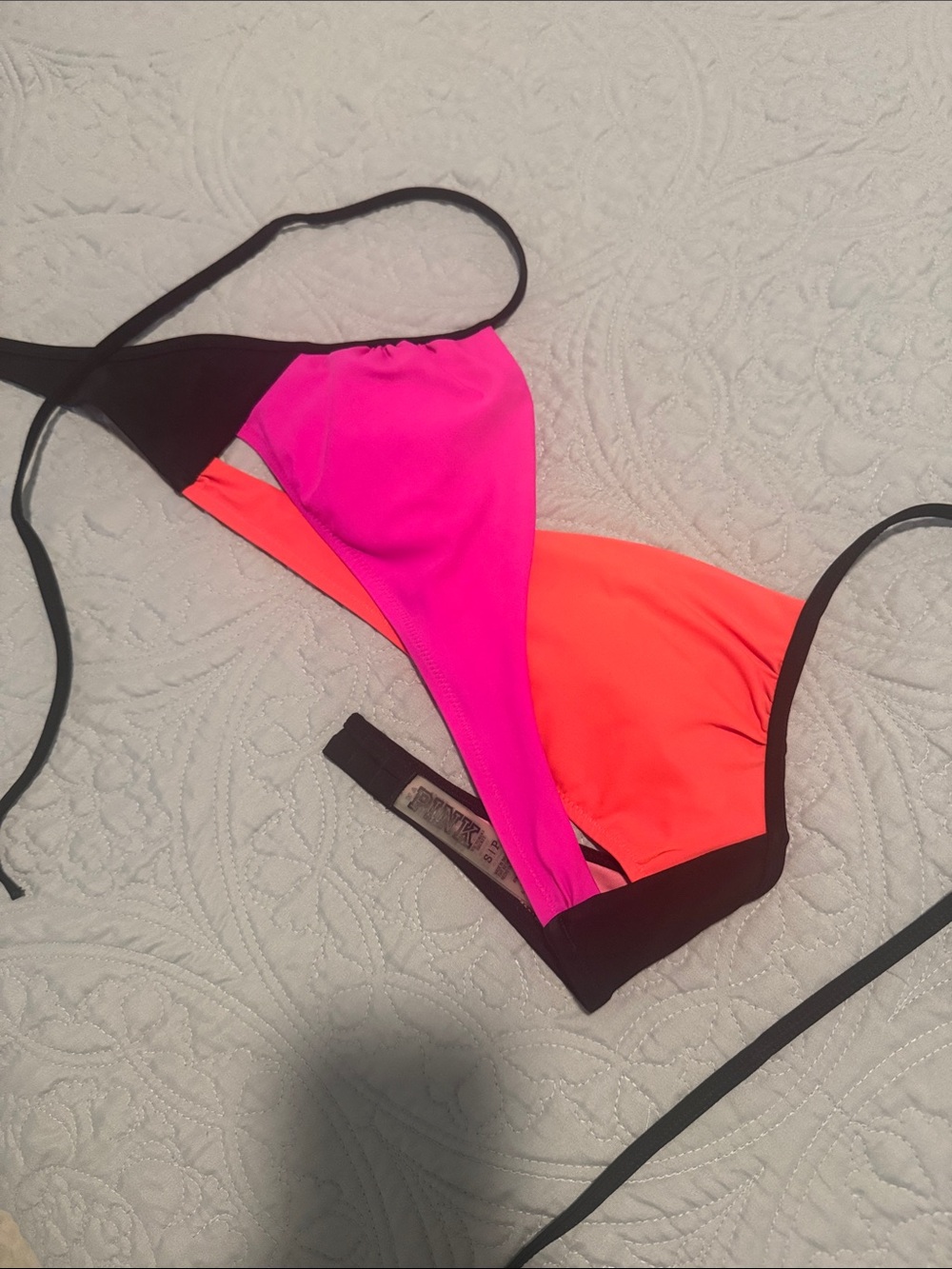 PINK Victoria's Secret Neon Pink & Coral Orange Colorblock Swim Top
